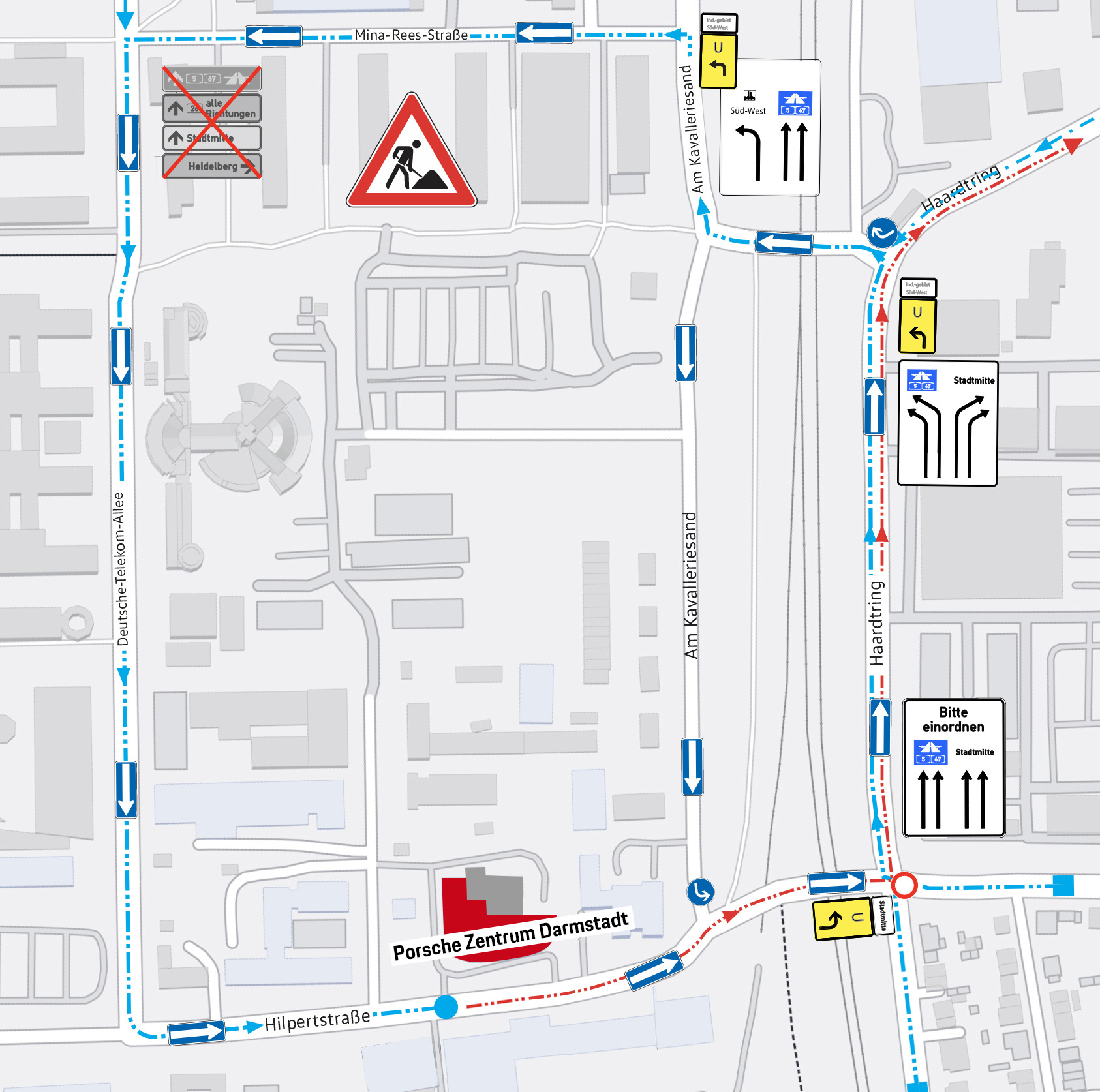 Umfahrung der Dauerbaustelle wegen des Neubau in der Rheinstraßenbrücke.